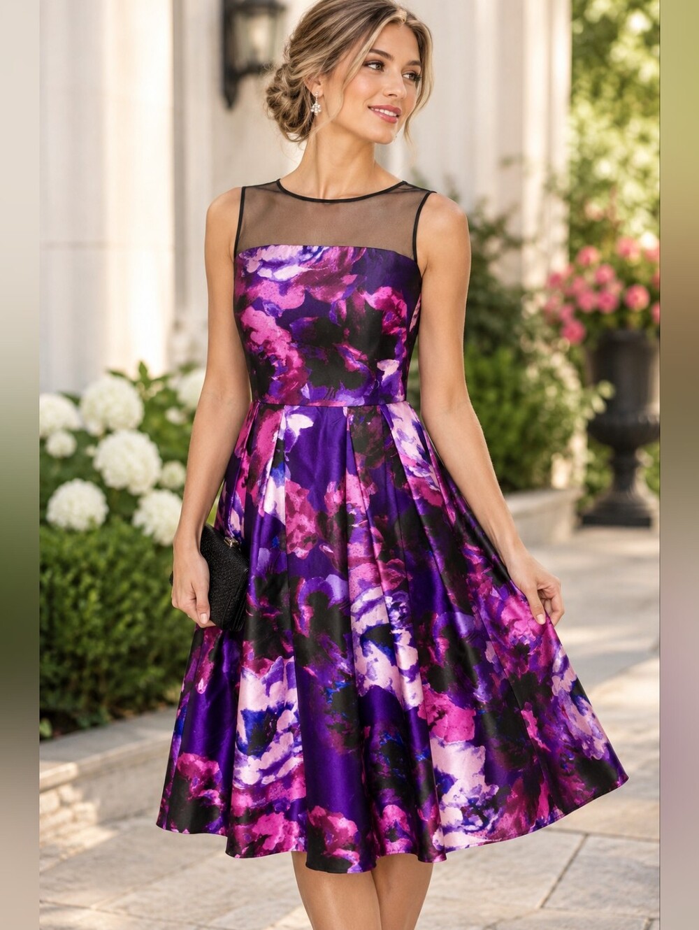 London Times Strapless Floral Satin Dress in Purple & Pink